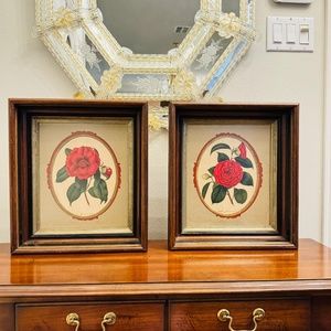 Pair of Victorian Style Camelia Japoncia Red Flower Print Dark Walnut Frame EUC